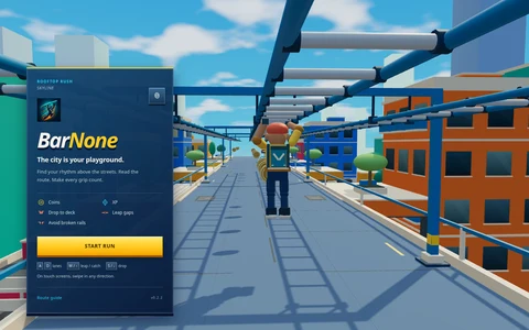 Bar None rooftop runner start screen and keyboard controls